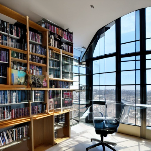 modern office with a few bookshelves and a fish tank with a window that overlooks the eiffel tower