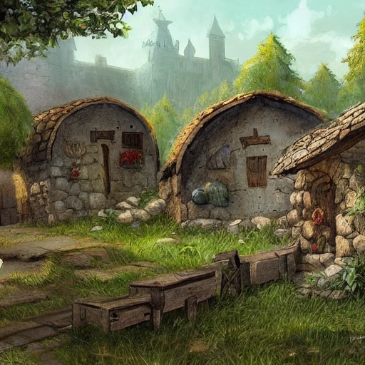 small medieval village, circular huts, grimdark, illustration, landscape, oil painting, kingdom come delivarence concept art, realistic
