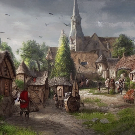 small medieval village, many circular huts, circular people walking, grimdark, illustration, landscape, oil painting, kingdom come delivarence concept art, realistic