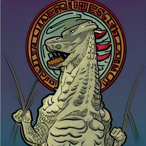 godzilla breathing fire in the style of alphonse mucha

