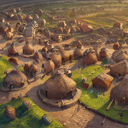 small medieval village, round dome huts, aerial view, illustration, landscape, oil painting, by Darek Zabrocki