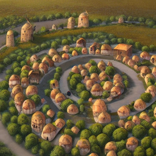 small medieval village, round dome huts, round shaped roads, round shaped carts, aerial view, illustration, landscape, oil painting, by Darek Zabrocki