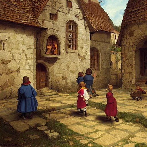 small medieval school, many kids with round shared heads, round shaped roads,  illustration,  oil painting, by Darek Zabrocki