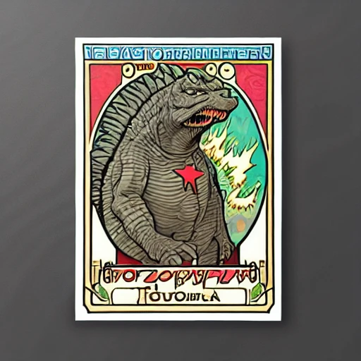 godzilla breathing fire in the style of alphonse mucha

