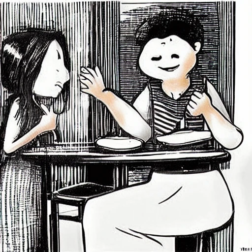 In the kitchen of a hotel called "Formosa Beiyi", a boy was sitting on a bar chair, and a girl was cooking at the bar,The two chatted happily., Cartoon