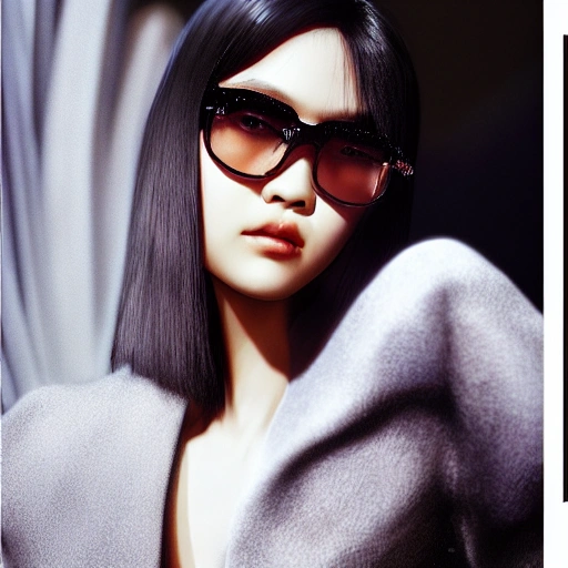 mdjrny-v4 style, ultra realistic, cinematic lighting, unreal engine, ultra detailed, , beautiful asian girl wearing outsized dior chanel sunglasses, shot by wayne barlowe anf james jean and syd mead