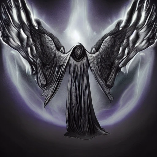 Dementor of the dark world with two big  eagle wings, head down, suspended in the air, appearing in a beam of mist, , Trippy