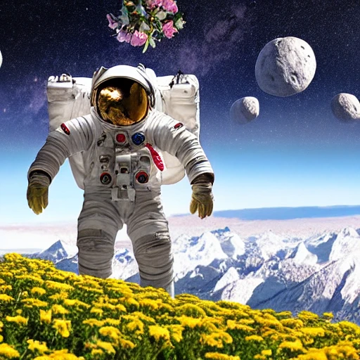 an astronaut on a foreign planet surrounded by flowers and snowy mountains in the background
