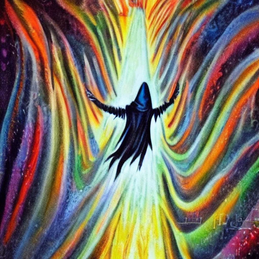 the Dementor in the haven world, can't see his body clearly , suspended in the air, appearing in a beam of light, , Trippy, , 3D, Cartoon, Oil Painting, Water Color