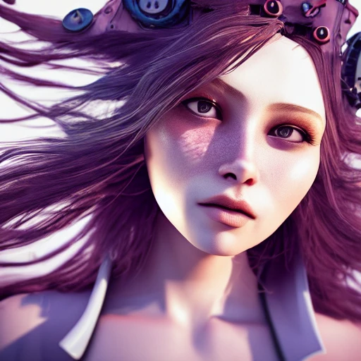 side close up portrait of 1 girl, steampunk, windblown long hair, detailed face, spotlight, steampunk city, multicolored, hyperrealistic, photografic, 8k, epic ambient light, octane render, Trippy, 