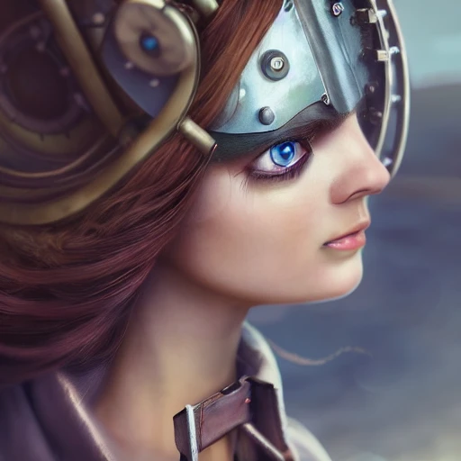 side close up portrait of 1 girl, steampunk, windblown long hair, detailed face, spotlight, steampunk city, multicolored, hyperrealistic, photografic, 8k, epic ambient light, octane render, , Oil Painting