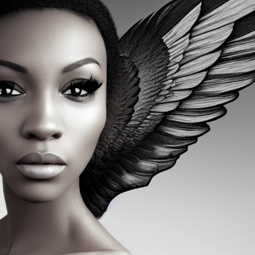 beatiful black woman, wings, realistic