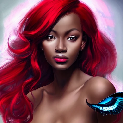 beatiful black woman portrait, red hair, high detailed, wings, realistic, artstation