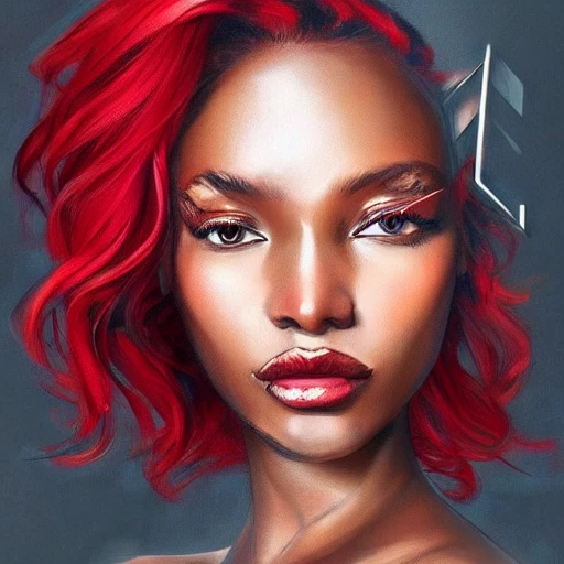 beatiful black woman portrait, red hair, high detailed, copper, wings, realistic, artstation