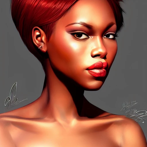 beatiful black woman portrait, red hair, high detailed, copper, wings, realistic, artstation
