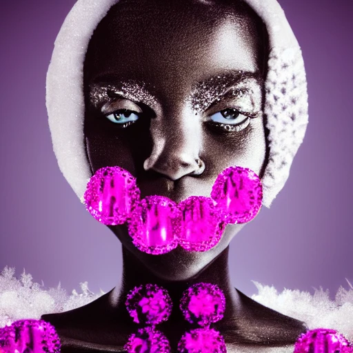portrait of a beautiful black girl, pink crystals, Christmas and winter elements, pink, silver, white holiday theme, hyper realistic, symmetrical face, symmetrical eyes, trending on artstation