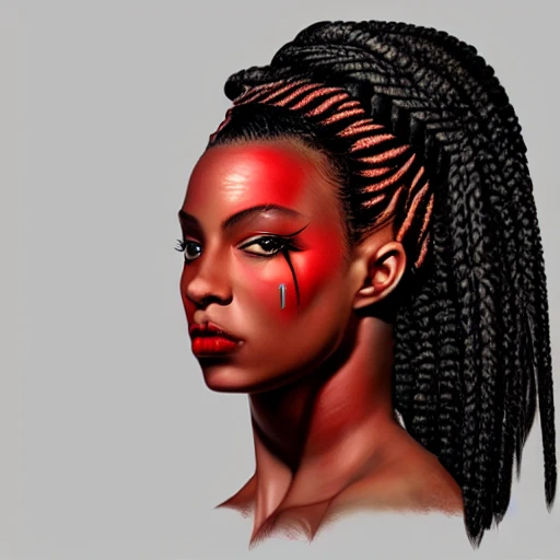 portrait of a beautiful black girl, warrior, red braided hair, hyper realistic, symmetrical face, symmetrical eyes, artstation