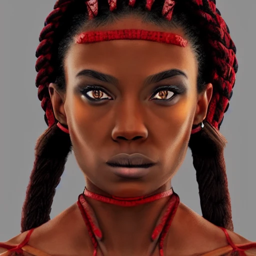 portrait of a beautiful black girl, warrior, red braided hair, hyper realistic, symmetrical face, symmetrical eyes, artstation