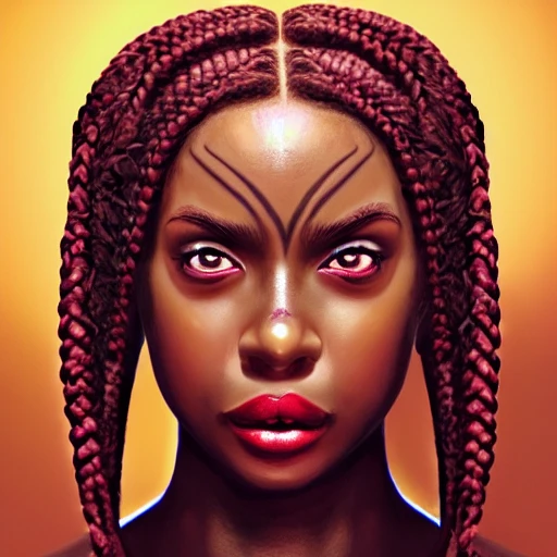portrait of a beautiful black girl, warrior, red braided hair, h