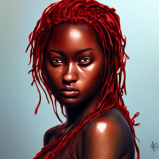 portrait of a beautiful black girl, warrior, red braided hair, h