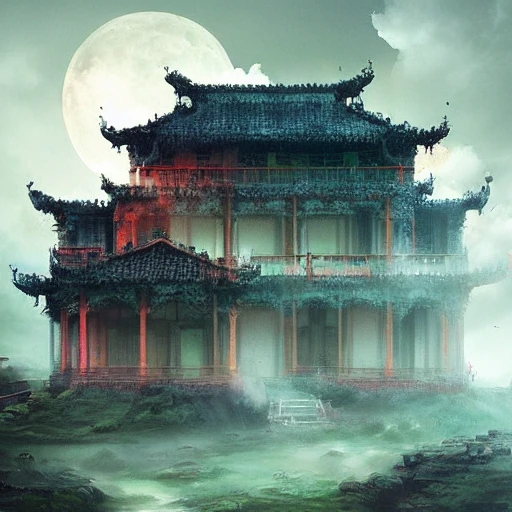 Landscape: Cloudy House: Moon: World: Fantasy: Myth:Colorful: Ruan Jia+Huang Jianguang ：8k ：Highest picture quality
