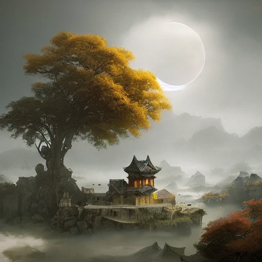 Landscape: Cloudy House: Moon: World: Fantasy: Myth:Colorful: Ruan Jia+Huang Jianguang ：8k ：Highest picture quality
