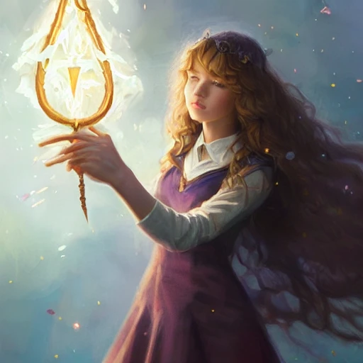 realistic portrait of a innocent young teen girl, d&d magic fantasy, dark magical school student uniform, light curly hair, casting a bright large-scale magical spell around herself, overflowing energy, highly detailed, digital painting, trending on artstation, pixiv, concept art, sharp focus, illustration, art by Ross Tran and Greg Rutkowski and Walt Disney animation