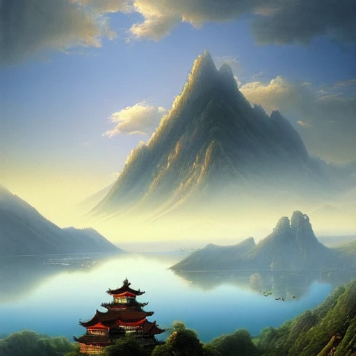 Bathing in the morning light: there are Chinese-style buildings on the top of the mountain: magnificent and wonderful, John Howe: landscape: lake: clouds, morning.8k  Highest picture quality
