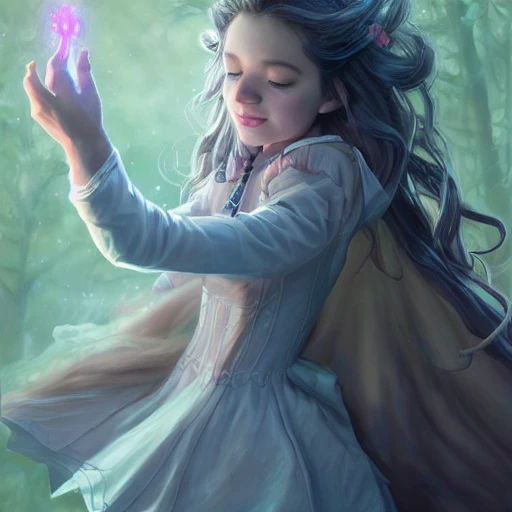 realistic portrait of a innocent young teen girl, d&d magic fantasy, dark magical school student uniform, light curly hair, casting a bright large-scale magical spell around herself, overflowing energy, highly detailed, digital painting, trending on artstation, pixiv, concept art, sharp focus, illustration, art by Ross Tran and Greg Rutkowski and Walt Disney animation, 3D