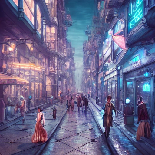 matte painting of a beautiful steampunk city, clear skys, people... -  