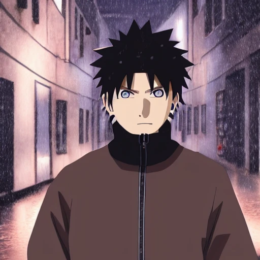 Naruto, night, high detail face, black hair, perfect eyes, symmetry, young male, Japanese, 4K, light and shadow, background is a rainy city, 3D