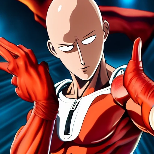 full body portrait of one punch man, detailed face, large muscles, 8 pecs, shiny, insanely realistic, chiseled jaw, very muscular, fully body, dynamic squatting pose, muscular and big legs, spotlight, cyberpunk city, wired, multicolored, vibrant high contrast, hyperrealistic, photografic, 8k, epic ambient light, octane render

