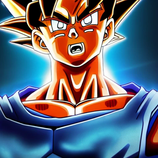 side close up portrait of goku detailed face, large muscles, 8 pecs, shiny, insanely realistic, chiseled jaw, very muscular, full body, dynamic standing pose, spotlight, cyberpunk city, wired, multicolored, vibrant high contrast, hyperrealistic, photografic, 8k, epic ambient light, octane render