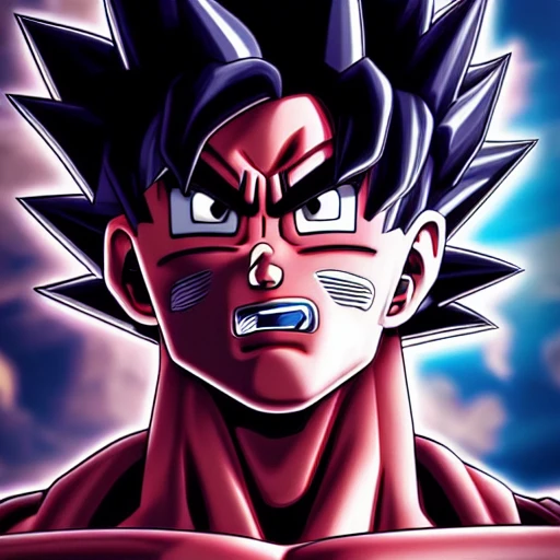 side close up portrait of goku detailed face, large muscles, 8 pecs, shiny, insanely realistic, chiseled jaw, very muscular, full body, dynamic standing pose, spotlight, cyberpunk city, wired, multicolored, vibrant high contrast, hyperrealistic, photografic, 8k, epic ambient light, octane render