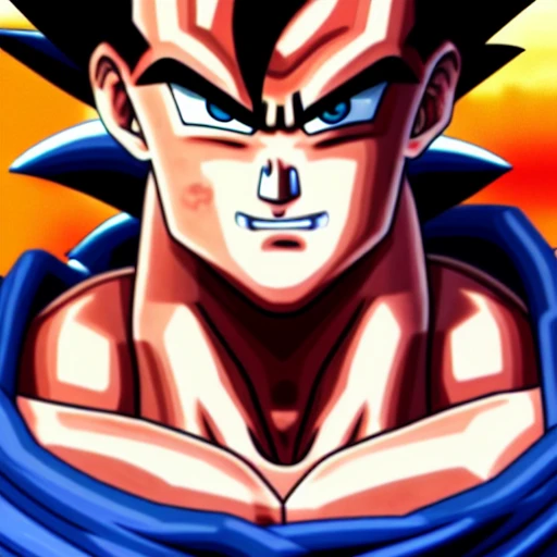 side close up portrait of goku detailed face, large muscles, 8 pecs, shiny, insanely realistic, chiseled jaw, very muscular, full body, dynamic standing pose, spotlight, cyberpunk city, wired, multicolored, vibrant high contrast, hyperrealistic, photografic, 8k, epic ambient light, octane render