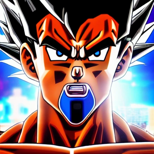 side close up portrait of goku detailed face, large muscles, 8 pecs, shiny, insanely realistic, chiseled jaw, very muscular, full body, dynamic standing pose, spotlight, cyberpunk city, wired, multicolored, vibrant high contrast, hyperrealistic, photografic, 8k, epic ambient light, octane render