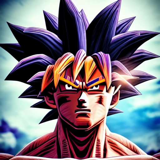 side close up portrait of goku detailed face, large muscles, 8 p ...