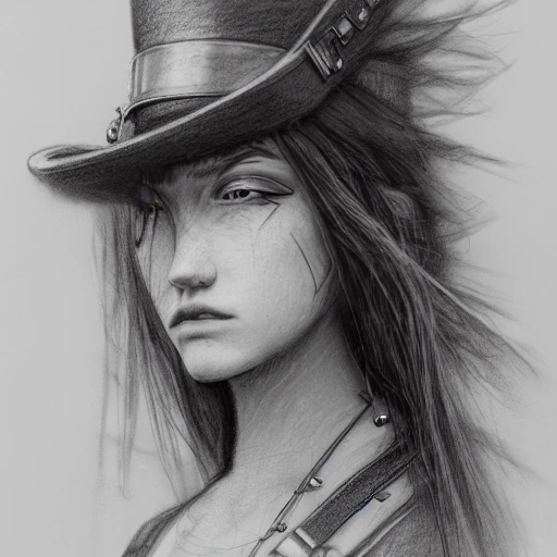 side close up portrait of 1 girl, steampunk, windblown long hair ...