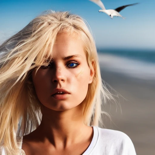 masterpiece, best quality, sexy beautiful angry girl, blond flutter hair, beach with wind blowing with seagulls, sweating, white t-shirt, highly detailed face and eyes, sun light, 4K, RAW, depth of field, high contrast, realistic details, 150mm