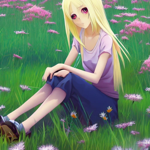 beautiful anime blonde girl sitting in a field full of flowers, highly detailed, realistic, dynamic lighting, cinematic, masterpiece, trending on artstation, in the style of studio Ghibli