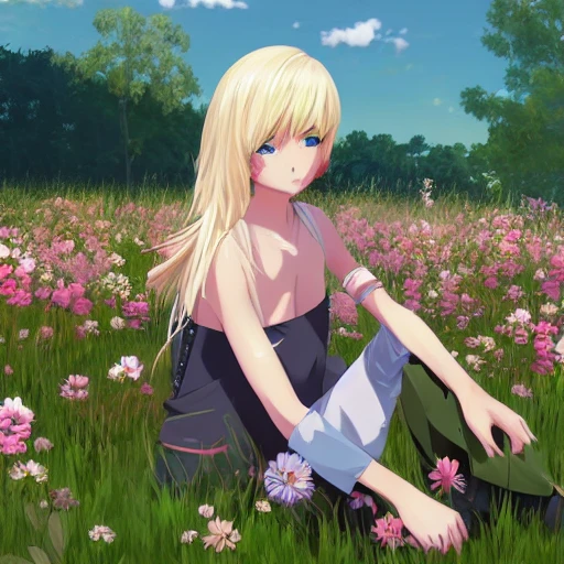 beautiful anime blonde girl sitting in a field full of flowers, highly detailed, realistic, dynamic lighting, cinematic, masterpiece, trending on artstation, in the style of studio Ghibli