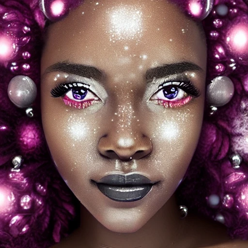 portrait of a beautiful black girl, pink crystals, Christmas and winter elements, pink, silver, white holiday theme, hyper realistic, symmetrical face, symmetrical eyes, trending on artstation