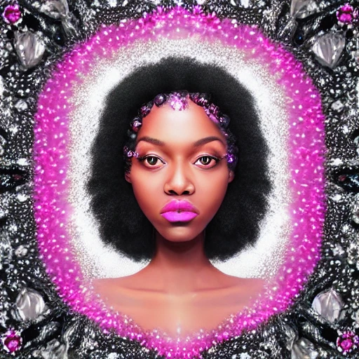 portrait of a beautiful black girl, pink crystals, Christmas and winter elements, pink, silver, white holiday theme, hyper realistic, symmetrical face, symmetrical eyes, trending on artstation