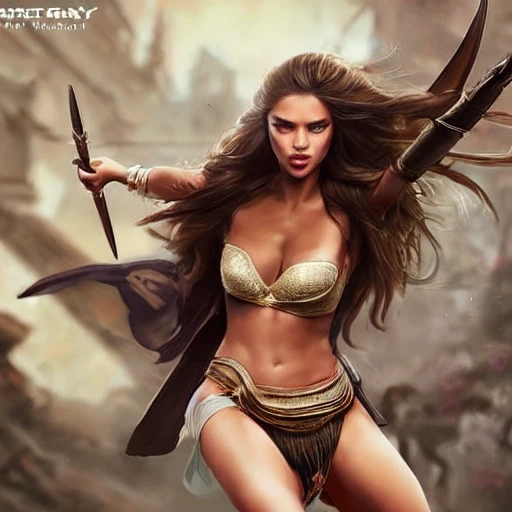 mdjrny-v4 style, princesses fight, Dynamic pose; Artgerm, Wlop, Greg Rutkowski; the perfect mix of Emily Ratajkowski, Ana de Armas, Kate Beckinsale, Kelly Brook and Adriana Lima as warrior princess; high detailed tanned skin; beautiful long hair, intricately detailed eyes; druidic leather vest; wielding an Axe; Attractive; Flames in background; Lumen Global Illumination, Lord of the Rings, Game of Thrones, Hyper-Realistic, Hyper-Detailed, 8k,