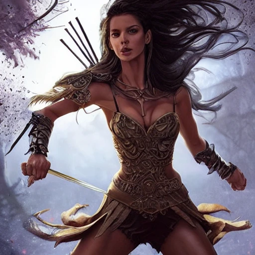 mdjrny-v4 style, princesses fight, Dynamic pose; Artgerm, Wlop, Greg Rutkowski; the perfect mix of Emily Ratajkowski, Ana de Armas, Kate Beckinsale, Kelly Brook and Adriana Lima as warrior princess; high detailed tanned skin; beautiful long hair, intricately detailed eyes; druidic leather vest; wielding an Axe; Attractive; Flames in background; Lumen Global Illumination, Lord of the Rings, Game of Thrones, Hyper-Realistic, Hyper-Detailed, 8k,