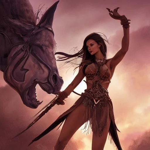 mdjrny-v4 style, princesses fight, Dynamic pose; Artgerm, Wlop, Greg Rutkowski; the perfect mix of Emily Ratajkowski, Ana de Armas, Kate Beckinsale, Kelly Brook and Adriana Lima as warrior princess; high detailed tanned skin; beautiful long hair, intricately detailed eyes; druidic leather vest; wielding an Axe; Attractive; Flames in background; Lumen Global Illumination, Lord of the Rings, Game of Thrones, Hyper-Realistic, Hyper-Detailed, 8k,, Trippy