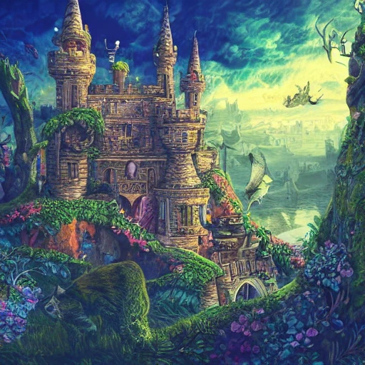 fantasy cat-stylized castle, entwined with nature, environment, complex, wide view + color pen and ink, illustration, realistic, maximalist, spectacular details, 8K, concept art, cinematic, atmospheric, epic composition, dramatic light, + vibrant colors, high contrast 