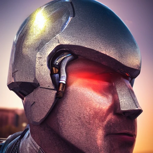 realistic mdjrny-v4 style, closeup profile portrait of a metal chromium man, centered, rusty metal, sunrising, cinematic lighting, 85mm, bokeh, sci-fi atmosphere, blockbuster, in a epic landscape with a stream, 8K resolution, polished ethereal divine magical