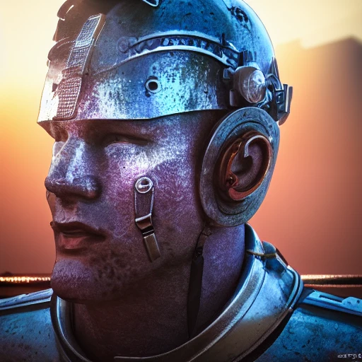 realistic mdjrny-v4 style, closeup profile portrait of a metal chromium man, centered, rusty metal, sunrising, cinematic lighting, 85mm, bokeh, sci-fi atmosphere, blockbuster, in a epic landscape with a stream, 8K resolution, polished ethereal divine magical, 3D