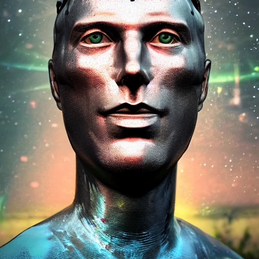 realistic mdjrny-v4 style, closeup profile portrait of a metal chromium man, centered, rusty metal, sunrising, cinematic lighting, 85mm, bokeh, sci-fi atmosphere, blockbuster, in a epic landscape with a stream, 8K resolution, polished ethereal divine magical, Trippy